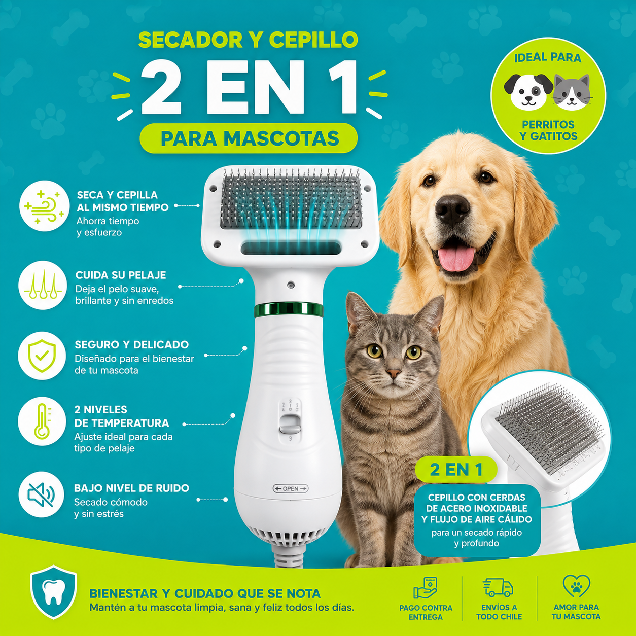 Secador y Cepillo 2 en 1 para Mascotas